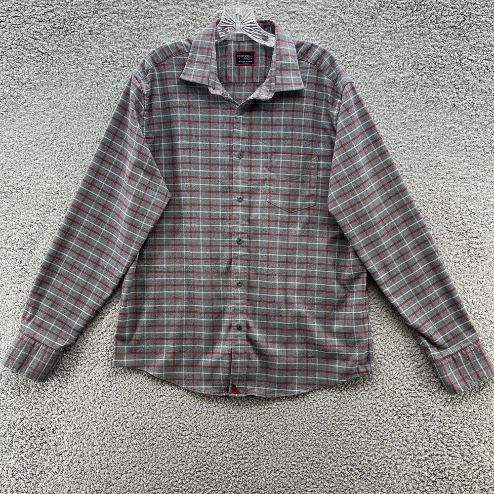 Untuckit Shirt Gray Red Plaid Long Sleeve Woven Poly Blend Button Up